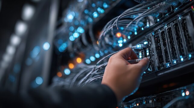 IT technician's hand working on server rack with glowing blue lights in data center. Network infrastructure and cloud computing concept.