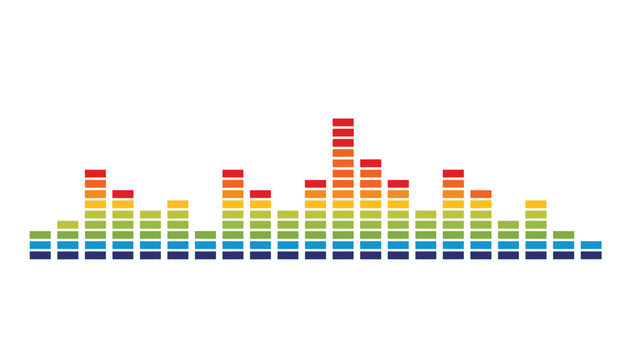 Horizontal digital audio equalizer display showing colorful bars of varying heights representing sound frequencies on white.
