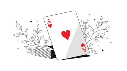 Obraz premium Illustration featuring an ace of hearts playing card leaning against a deck of cards surrounded by delicate black foliage.