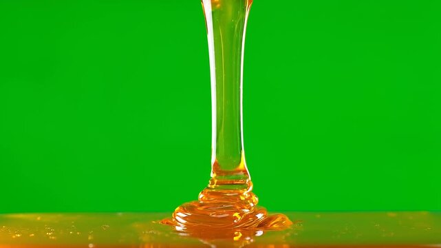 Golden Honey Dripping in Smooth Stream on Green Screen Background