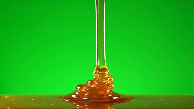 Golden Honey Dripping in Smooth Stream on Green Screen Background