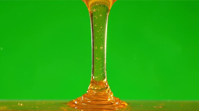 Golden Honey Dripping in Smooth Stream on Green Screen Background