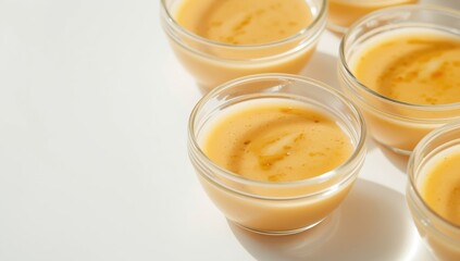 Tasty Caesar dressing in glass bowls against a white backdrop