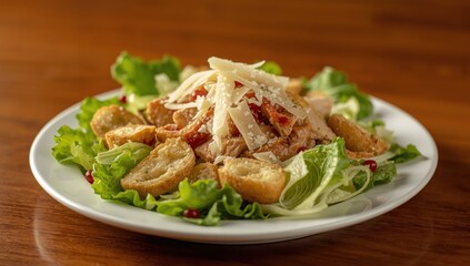 Tasty Caesar salad with chicken, greens, and cheese