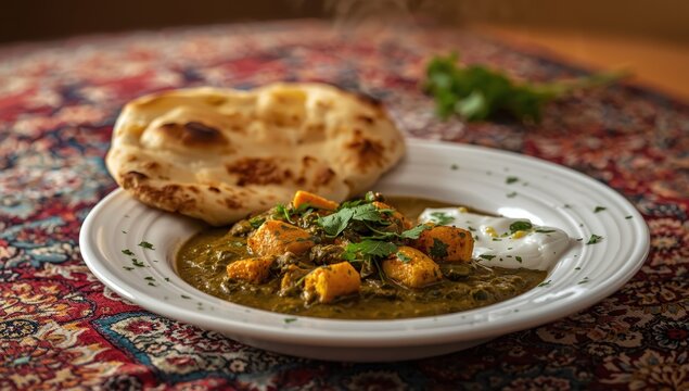 Tasty saag paneer accompanied by garlic naan on the table