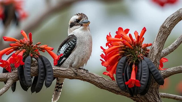 Beautiful kookaburra bird perching on a tree branch surrounded by vibrant red flowers and seed pods.