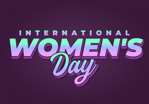 Bold retro text reading international womens day in gradient teal to purple on dark purple background, 3D layered lettering with script Day