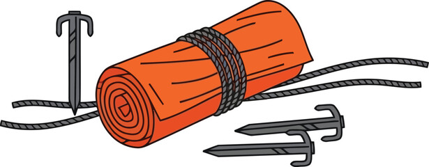 Vector illustration of rolled orange camping tent with stakes and ropes for outdoor adventure gear © Elizabeth