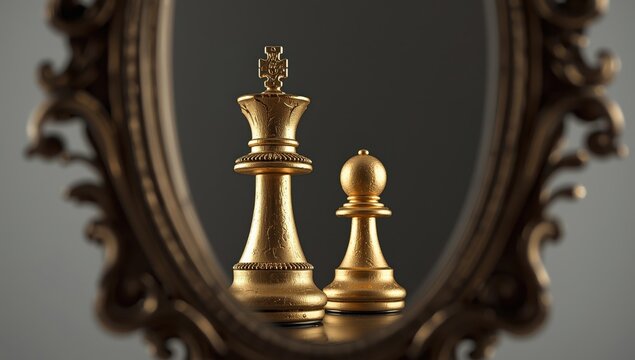 The mirror's image of a chess queen and pawn