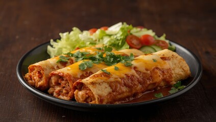Fototapeta premium Vertical shot of spicy chicken enchiladas beside a light green salad on a dark wood surface