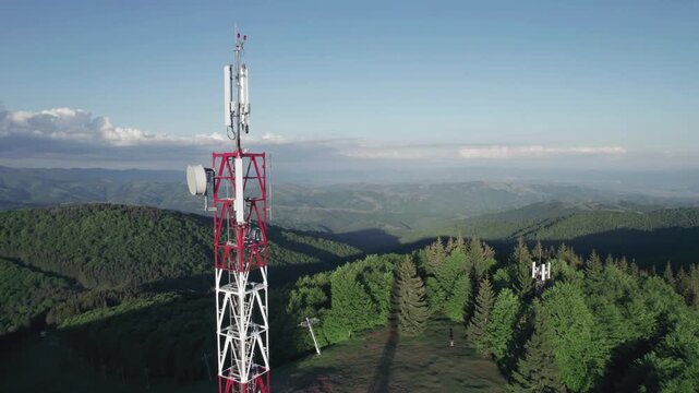 Telecommunication tower 5G, Wireless GSM Antenna connection system of communication systems in countryside at high mountain altitude