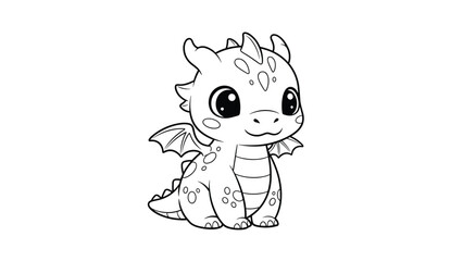 Obraz premium Adorable little baby dragon line art sitting and looking forward, a cute fantasy creature for children coloring books or stories.