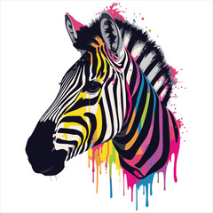 Colorful Zebra Head Vector Illustration with Paint Splashes,  Artistic Zebra Portrait with Vibrant Rainbow Paint Drips,  Stylized Zebra Side Profile Vector Art on White Background. © ABUBOKKOR