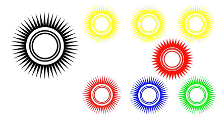Abstract Sunburst Icons in Black, Yellow, Red, Blue, Green Colors
