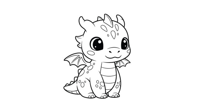 Adorable little baby dragon line art sitting and looking forward, a cute fantasy creature for children coloring books or stories.