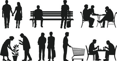 People silhouette set daily life activities walking couple sitting bench shopping cart cafe meeting gardening social interaction vector © MdTajemul