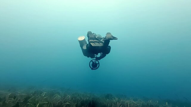 Technical scuba diver navigating the crystal clear azure waters of Gozo Malta during a sunny summer day carrying heavy decompression cylinders while gliding over lush Mediterranean seagrass beds
