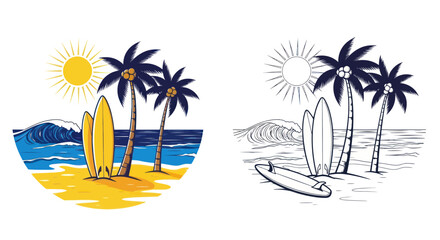 Obraz premium Tropical Beach Scene with Palm Trees and Surfboards