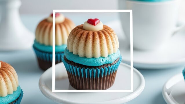 Delicious gourmet cupcake with blue frosting and heart decoration, served on a white plate, closeup view with soft focus background of other pastries and tableware