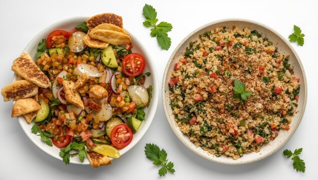 overhead shot of Lebanese fattouch and tabbouleh salads on white background