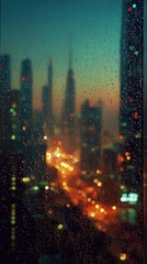 Fototapeta premium Pixelated Cityscape At Night Through Rain Streaked Window