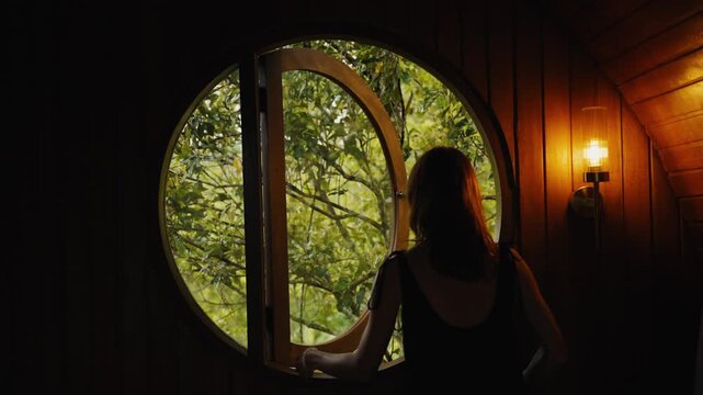 Woman opening round window to forest view