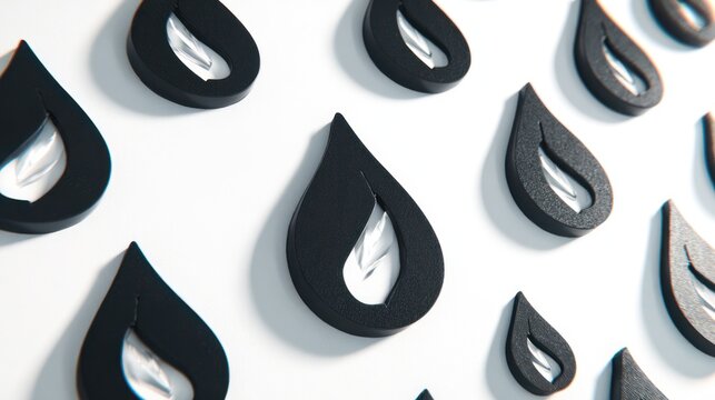 Abstract black teardrop shapes with white cutouts creating a modern, minimalist pattern on a clean white background