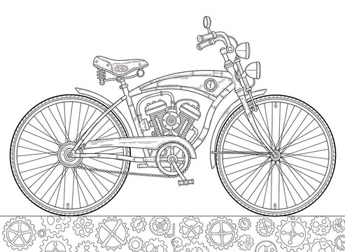 Vintage motorized bicycle with engine and gears line art illustration for adult coloring book