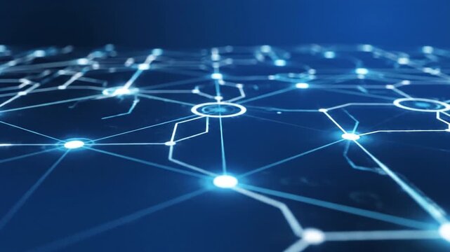 Glowing blue network nodes connected by luminous lines dark surface forming digital circuit pattern conveying connectivity and data flow modern technology concept. digital network grid of glowing