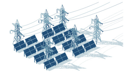 An isometric view showcases solar panels and power lines with a striking dark silhouette high quality professional detailed modern elegant stylish © rabbivay