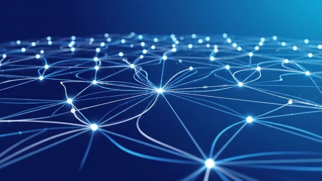 Glowing blue network of nodes connection and digital web topology with data communication lines, glowing particle bokeh deep blue gradient, abstract technology node connection illuminated fiber
