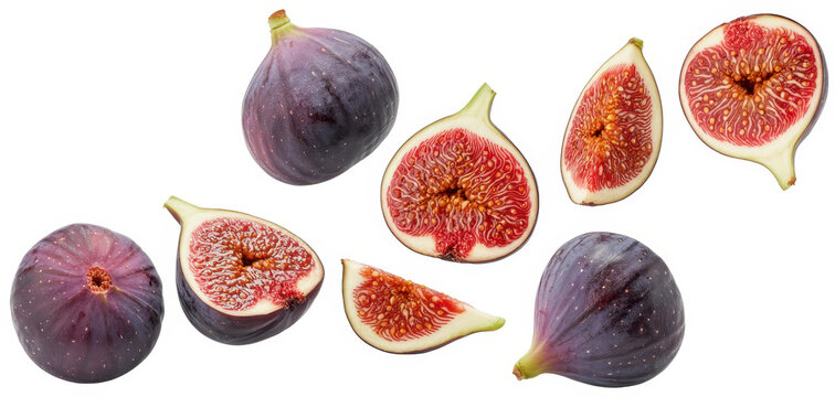 Whole and halved figs on white background isolated