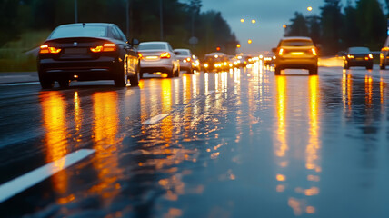 Nighttime traffic jam with car headlights reflecting on wet road, urban scene, rainy weather