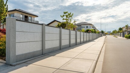 Naklejka premium Minimalist gray concrete fence line with panels and posts by a calm street and homes in background