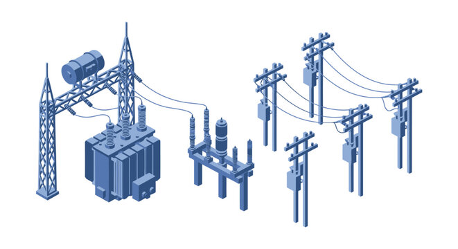 Isometric illustration of electrical power infrastructure including transformers and pylons presented as a dark silhouette high quality professional detailed modern elegant
