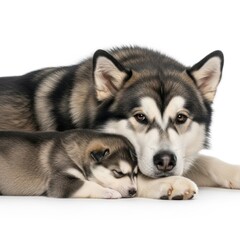 Obraz premium Cute Canine Family Featuring an Adult Husky and a Tiny Puppy