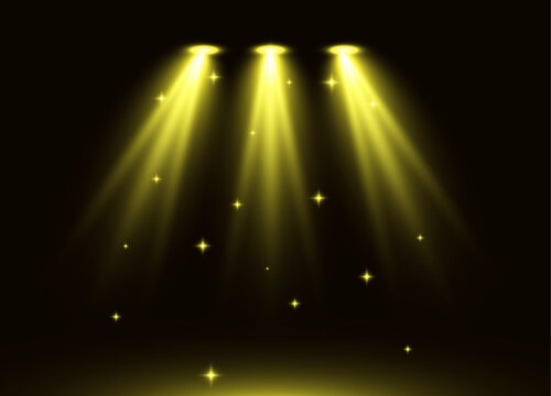Three bright yellow spotlights shining down on a dark background with stars