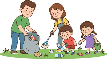 Family plogging picking up trash eco volunteer activity illustration