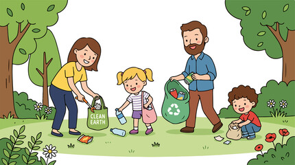 Family plogging picking up trash eco volunteer activity illustration