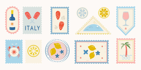 A collection of colorful illustrated postage stamps representing italian themes © Titul