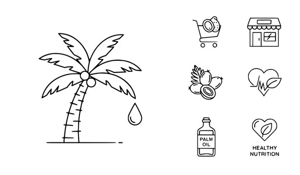 A set of vector icons illustrating healthy nutrition with palm oil