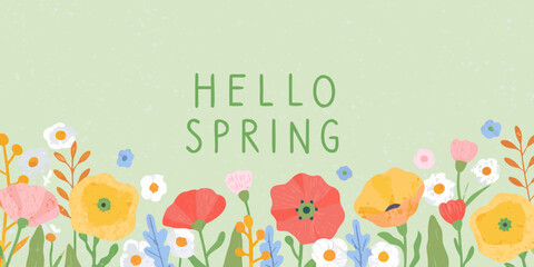 Hello spring a colorful floral illustration with handwritten typography © Titul