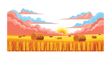 A colorful landscape depicts rolling hay bales in a golden field under a vibrant sunset creating a striking silhouette high quality © rabbivay