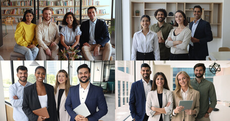 Business teams of four diverse different aged colleagues posing in office, looking at camera,...