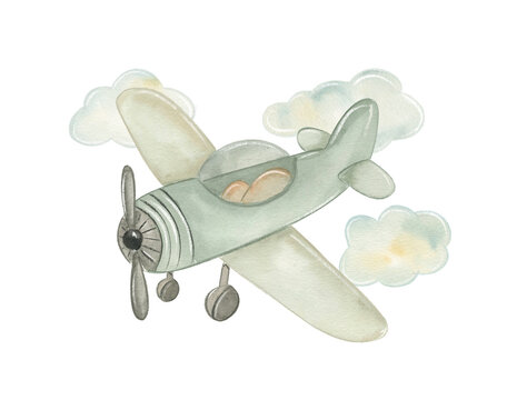 Watercolor drawing of a vintage airplane in flight