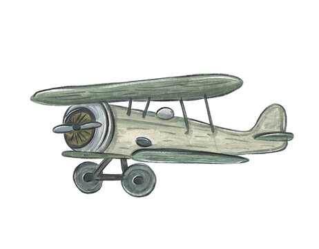 Watercolor drawing of a vintage airplane in flight