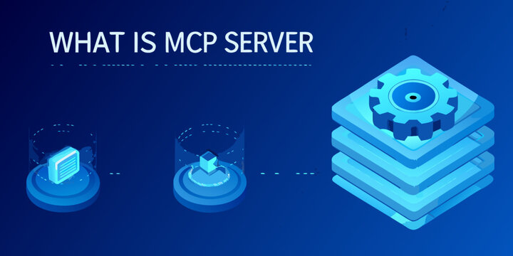 Isometric illustration depicting a server stack with a gear icon