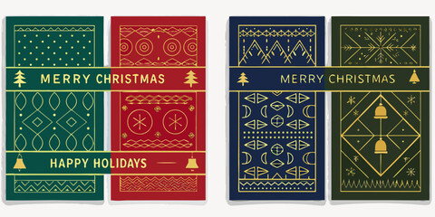 Four festive christmas cards with geometric patterns and holiday greetings © Titul