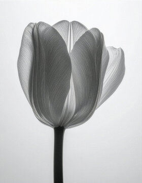 チューリップ Tulip 199 Close-up of a White Tulip with Elegant Petal Layers in High-Key Monochrome（ハイキーなモノクロームで描かれた重なり合う花びらが優美な白チューリップのクローズアップ）