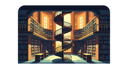 An ornate library interior with a grand spiral staircase and arched windows highlighted by dramatic lighting a striking silhouette © rabbivay